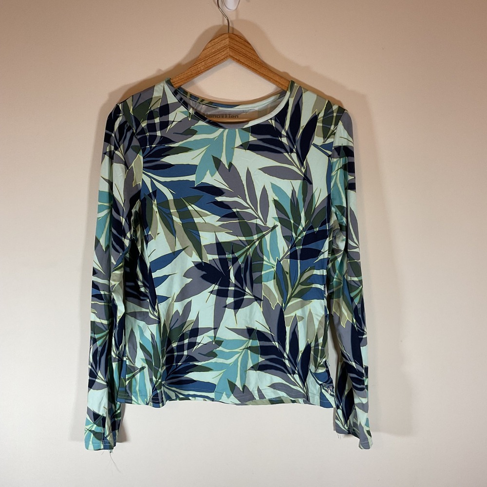 Hang Ten Womens UPF 50+ Long Sleeve Sun Shirt Tropical Leaf Print Blue Green M